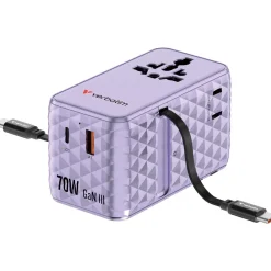 VERBATIM CHARGE 'N' TRAVEL 70W 2C RETRACTABLE UNIVERSAL TRAVEL ADAPTER PURPLE