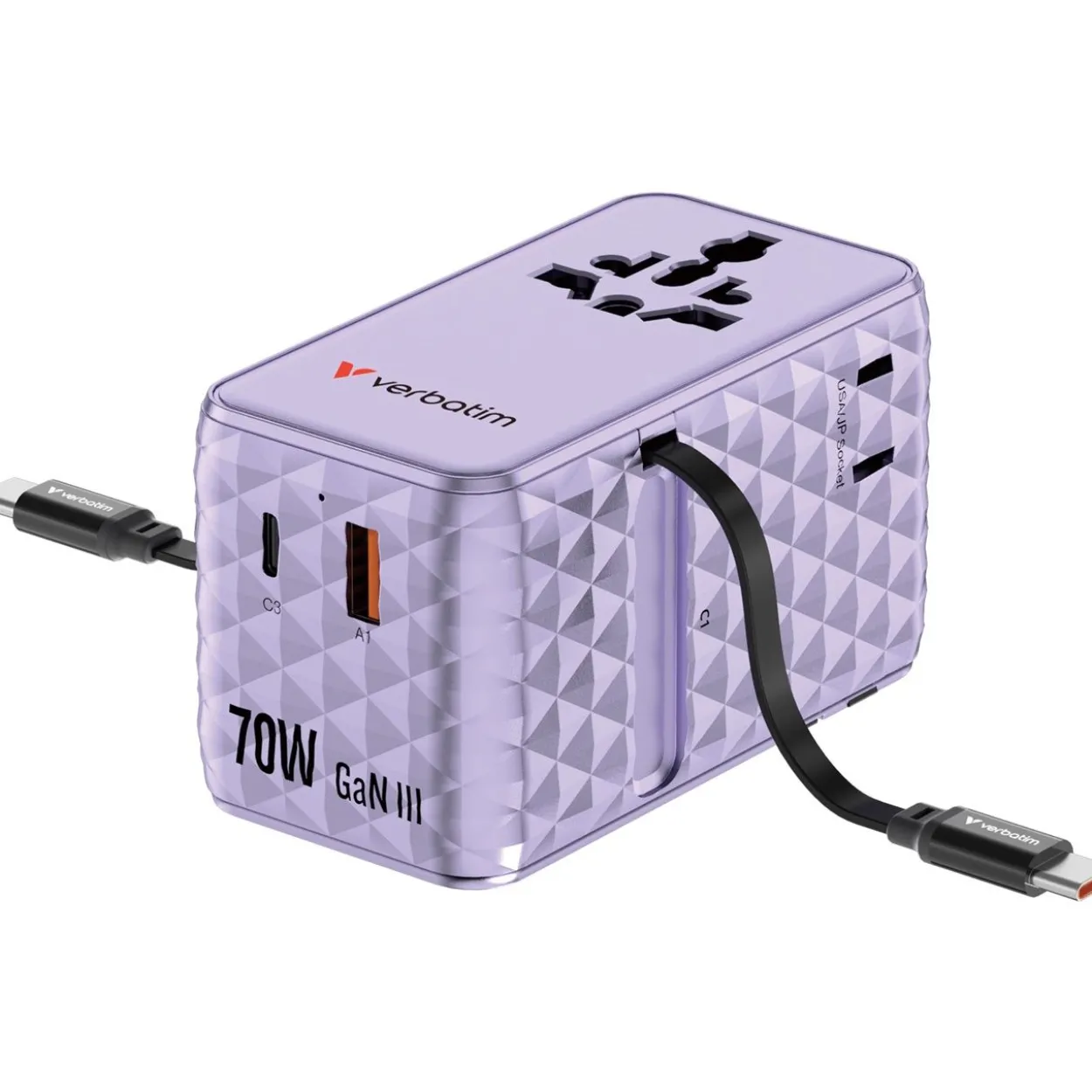 VERBATIM CHARGE 'N' TRAVEL 70W 2C RETRACTABLE UNIVERSAL TRAVEL ADAPTER PURPLE