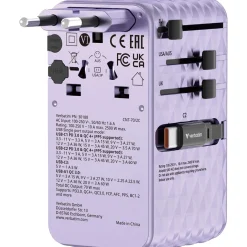 VERBATIM CHARGE 'N' TRAVEL 70W 2C RETRACTABLE UNIVERSAL TRAVEL ADAPTER PURPLE