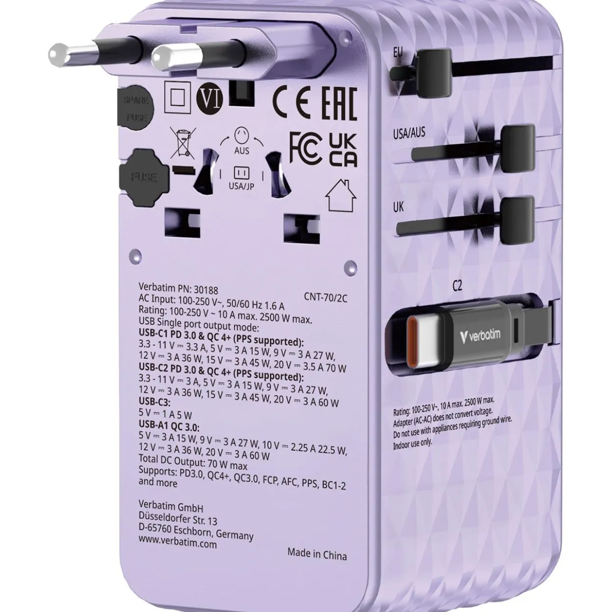VERBATIM CHARGE 'N' TRAVEL 70W 2C RETRACTABLE UNIVERSAL TRAVEL ADAPTER PURPLE