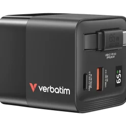 Verbatim Gan Charger 65W 2xUSB-C PD,1xUSB-A, retrac. Cable 32217