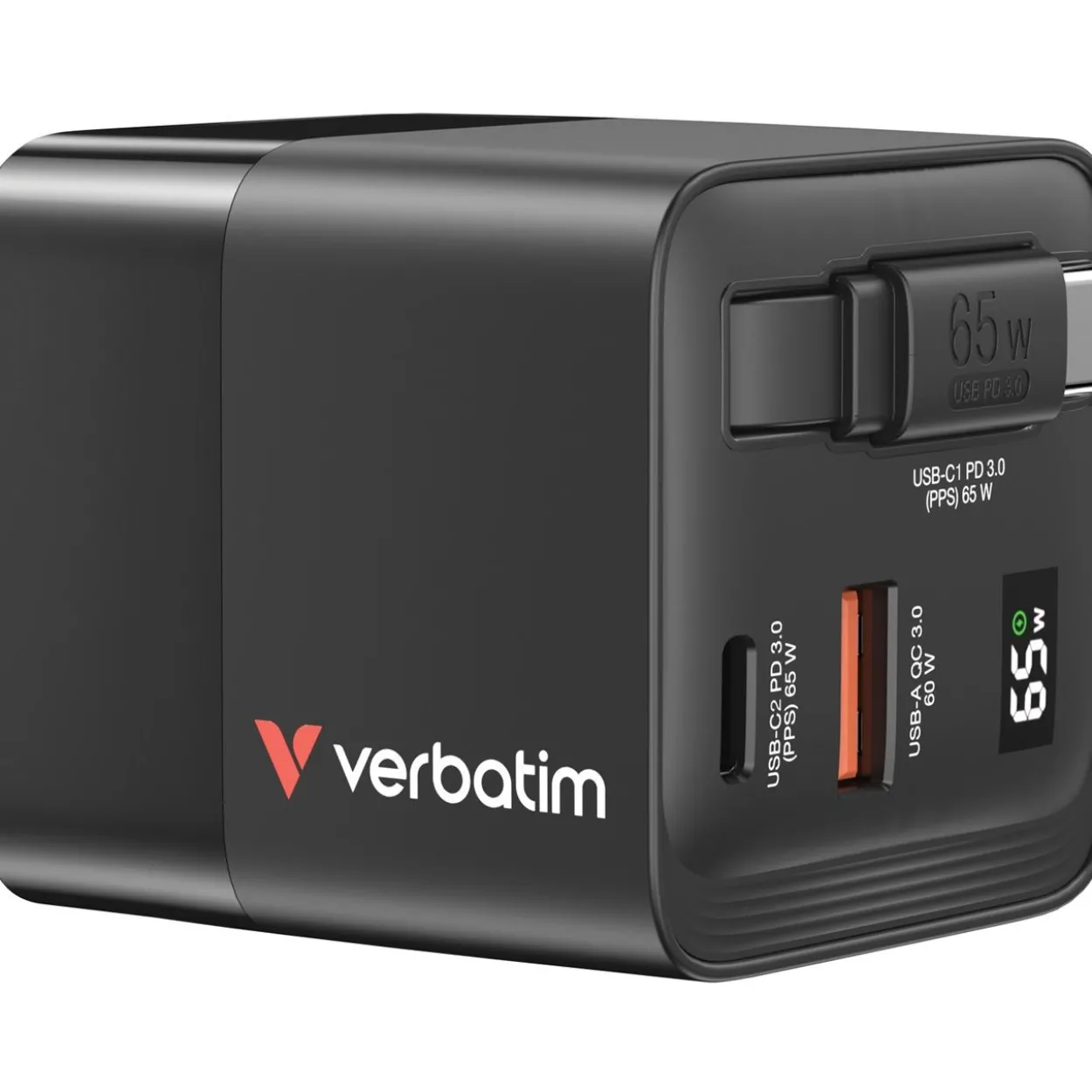 Verbatim Gan Charger 65W 2xUSB-C PD,1xUSB-A, retrac. Cable 32217