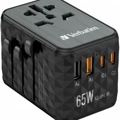 VERBATIM Ladeadapter, Universal Travel, UTA-05, GaN III, 65W 1x USB-A, 1x USB-A QC, 2x USB-C PD, 100-250V, Retail