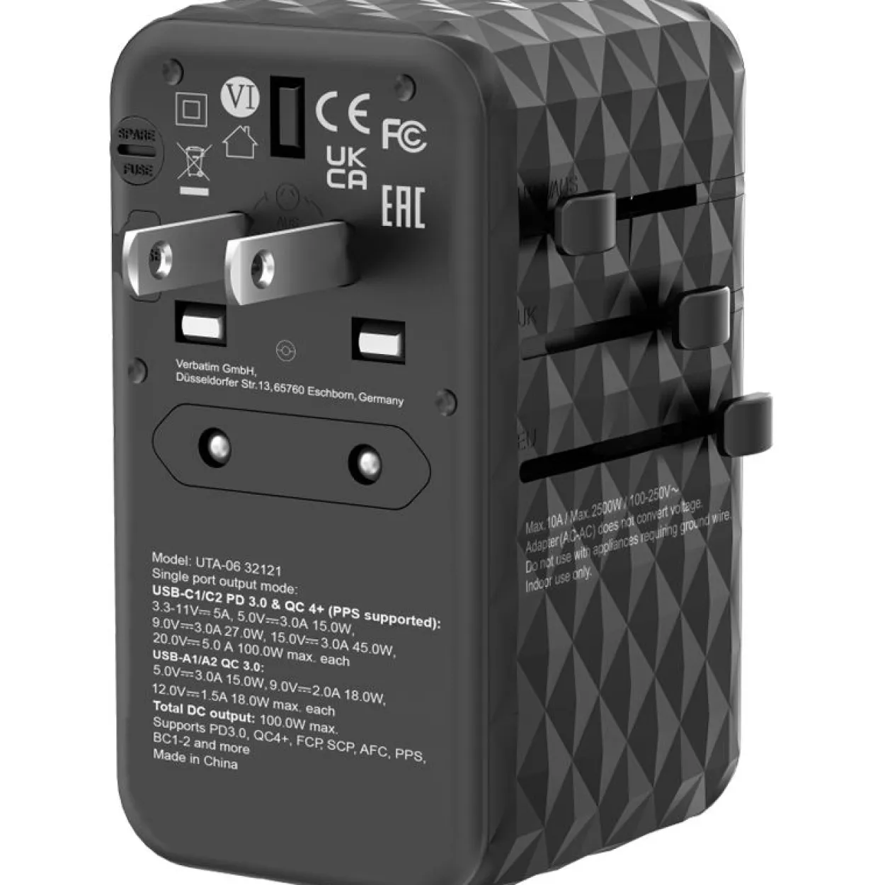 VERBATIM Ladeadapter, Universal Travel, UTA-06, GaN III, 100W 2x USB-A QC, 2x USB-C PD, 100-250V, Retail