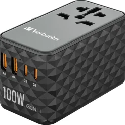 VERBATIM Ladeadapter, Universal Travel, UTA-06, GaN III, 100W 2x USB-A QC, 2x USB-C PD, 100-250V, Retail