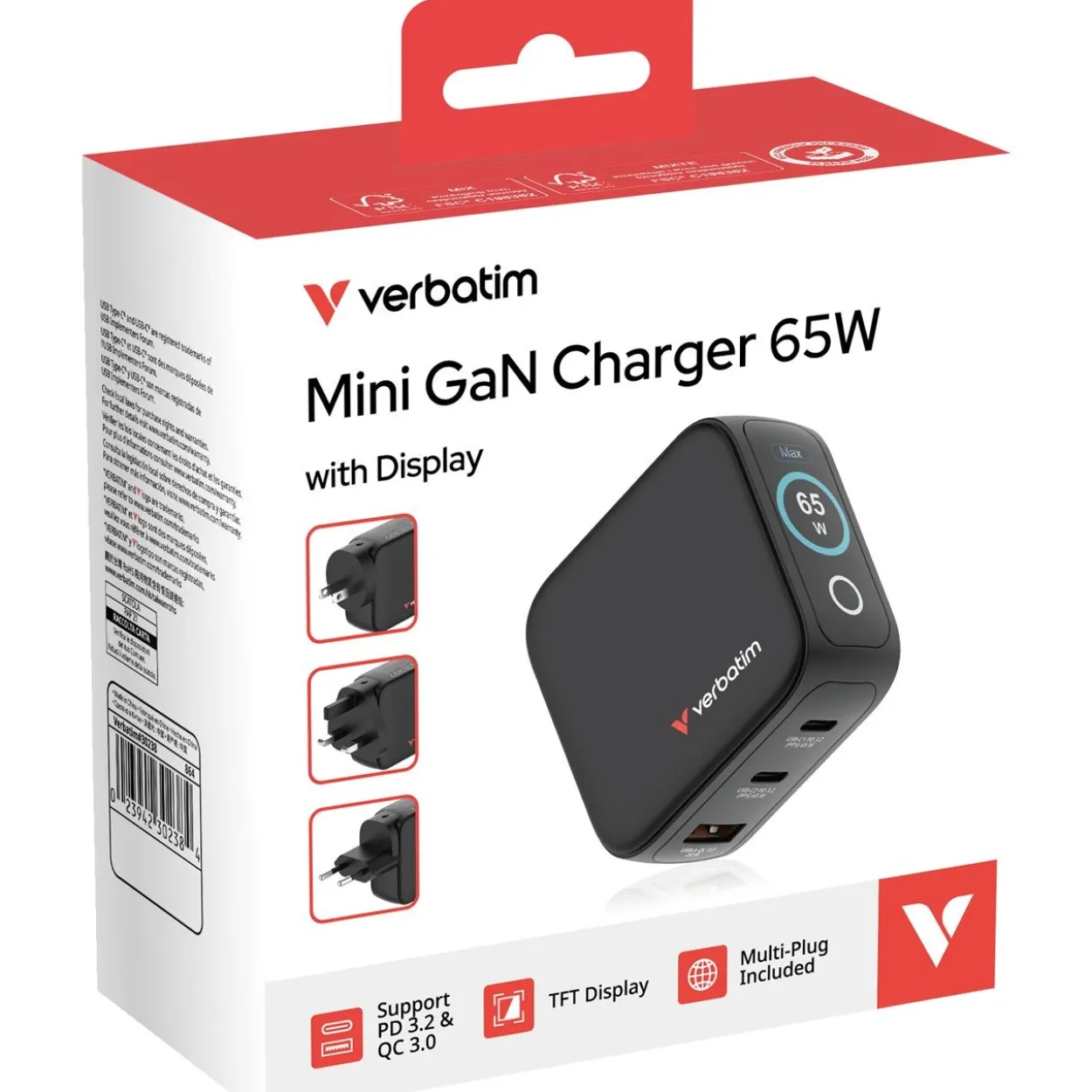 Verbatim Mini GaN Charger 3 Port 65W w Display (EU/UK/US)
