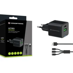 33 Watt Conceptronic Ladegerät 2Port 1xUSB-C,1xUSB-A +3-in-1 schwarz