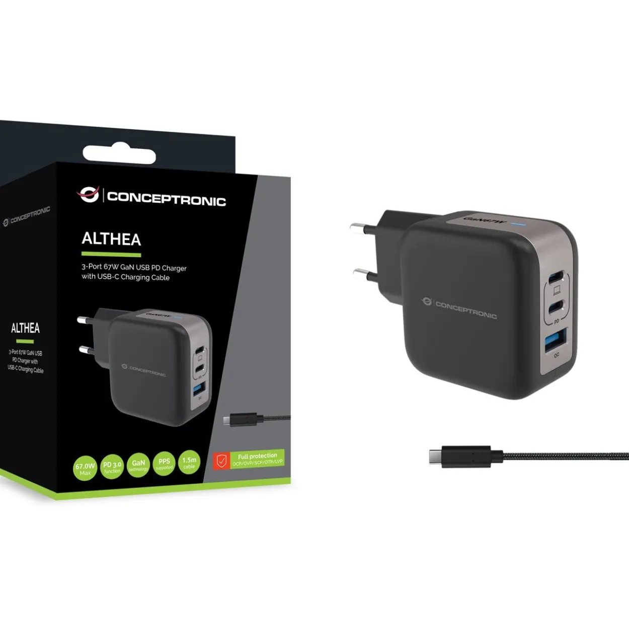 67 Watt Conceptronic Ladegerät 3Port 2xUSB-C,1xUSB-A 1.5m sw