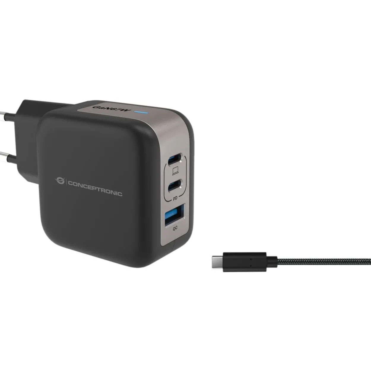 67 Watt Conceptronic Ladegerät 3Port 2xUSB-C,1xUSB-A 1.5m sw