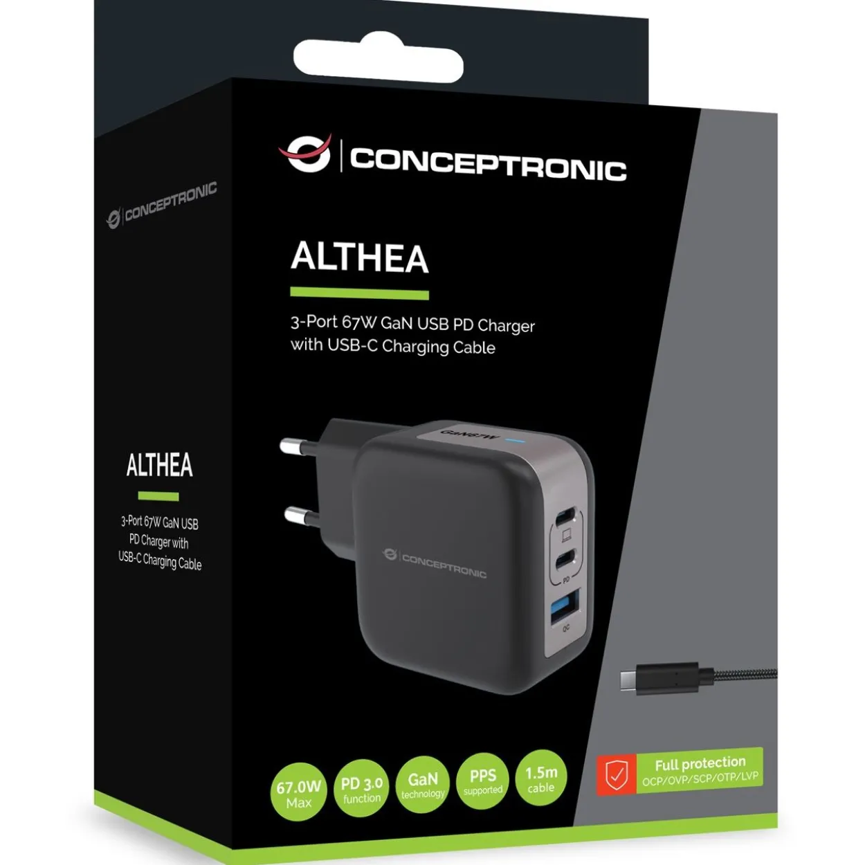 67 Watt Conceptronic Ladegerät 3Port 2xUSB-C,1xUSB-A 1.5m sw