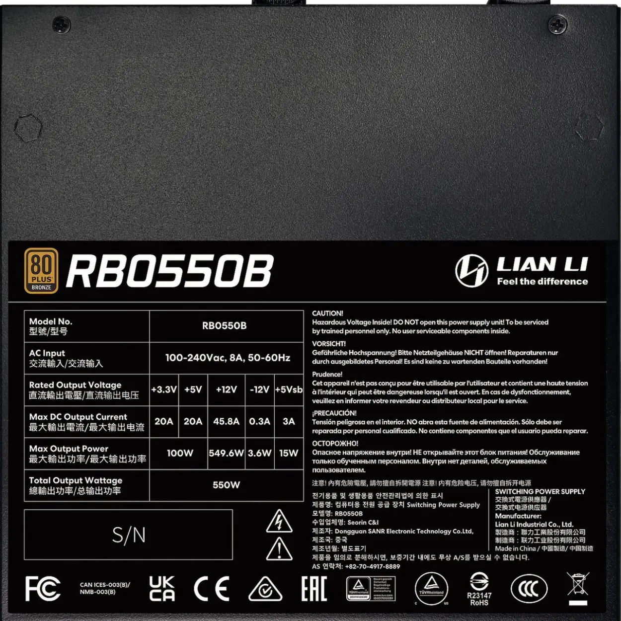 550 Watt Lian Li RB Series 80 PLUS Bronze Netzteil, teilmodular, ATX 3.1 - schwarz