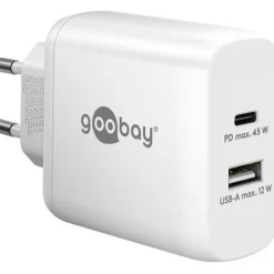 45W Goobay USB-C PD Dual-Schnellladegerät (weiß, 1x USB-A, 1x USB-C PD, GaN-Technologie)